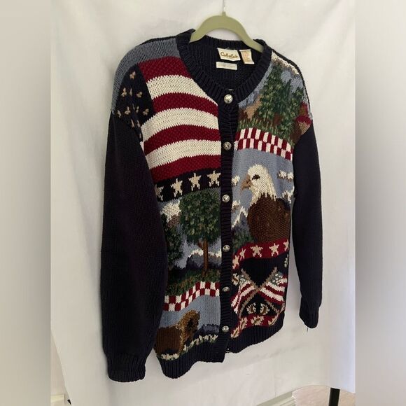 Cabelas Women's  Knitted By Hand Cardigan Sweater America US Flags M - Picture 2 of 6